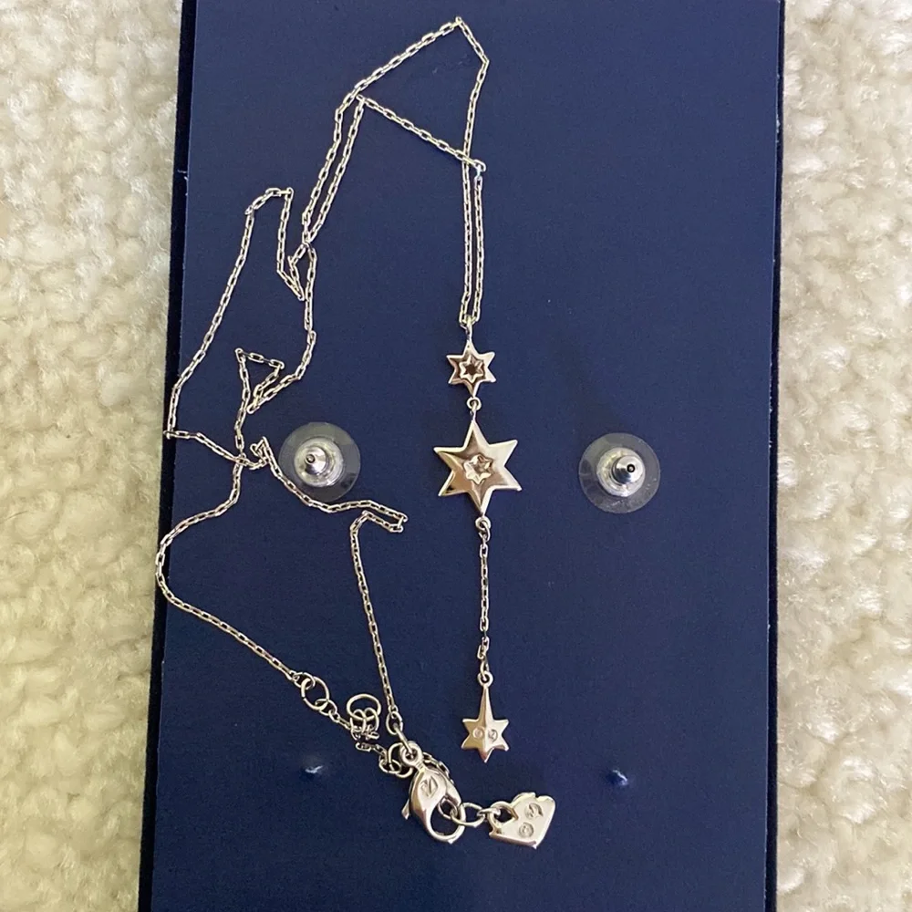 Swarovski Crystal & Silver Y-shaped Dangling Star Necklace Matching Earrings NWT - Picture 8 of 8